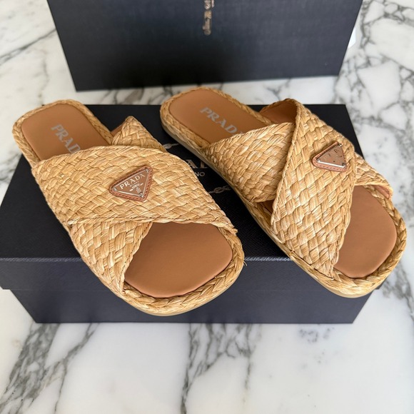 Prada 2X3142 Mens Woven Raffia Cross Strap Slide Sandals Beige Tan UK 7 (FIT LG) main image 9